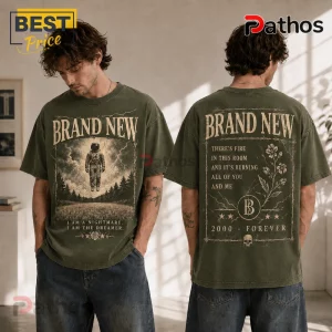Brand New Astronaut Vintage Washed T-Shirt in olive green featuring a front astronaut graphic and back lyric typography.