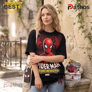 The Amazing Spider-Man Brand New Day Double T-Shirt on a woman, featuring a red Spider-Man graphic on a black cotton tee.
