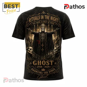 Ghost Dark Clergy 2006-2026 Anniversary T-Shirt featuring gold vintage-style graphics of a hooded figure on black fabric.