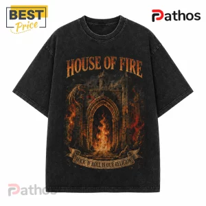 House of Fire Rock and Roll Dragon Black T-Shirt 2 House of Fire Rock and Roll Dragon Black T-Shirt featuring a flaming castle gate, dragon silhouette, and vintage text print.