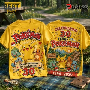 Pokémon 30th Anniversary Pikachu Yellow T-Shirt featuring Pikachu, Bulbasaur, and Charmander with 30th anniversary graphics.