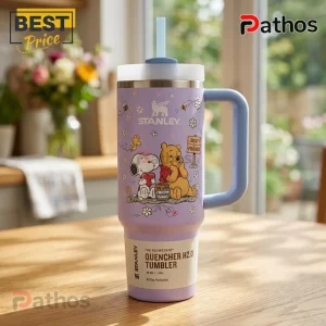 Snoopy x Winnie the Pooh Lavender 40oz Tumbler with cartoon graphics, handle, straw, and honey pot illustration on desk.