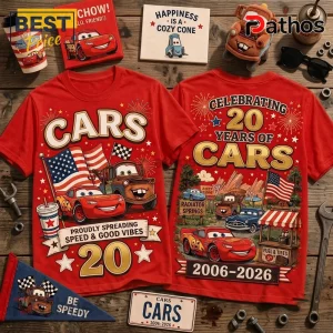 Disney Pixar Cars 20th Anniversary Red T-Shirt featuring Lightning McQueen, Mater, Radiator Springs, and 20th year graphics.