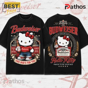 Hello Kitty Budweiser King of Beers black T-shirt featuring front and back graphic prints of Hello Kitty with beer bottles.