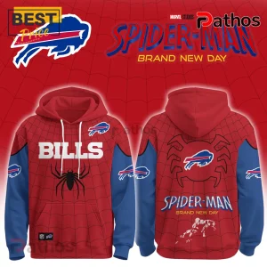 Buffalo Bills x Spider-Man Brand New Day Hoodie 3 Buffalo Bills x Spider-Man Brand New Day hoodie featuring red and blue colors, a spider web pattern, and team logos.