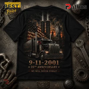 Trucker 9/11 Memorial 25th Anniversary T-Shirt 2 Trucker 9/11 Memorial 25th Anniversary T-Shirt featuring a semi-truck, American flag, Twin Towers, and Statue of Liberty.