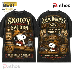 Snoopy Saloon Jack Daniel’s Tennessee Whiskey Shirt with front and back graphic prints of Snoopy in a cowboy hat at a bar.
