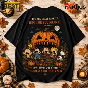 Peanuts Great Pumpkin Halloween 2026 T-Shirt 3 Peanuts Great Pumpkin Halloween 2026 T-Shirt featuring Snoopy, Charlie Brown, and friends running from a giant pumpkin.