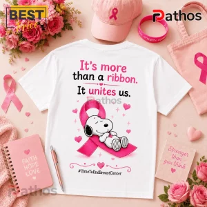 Snoopy Breast Cancer Awareness Heartbeat T-Shirt featuring a pink ribbon graphic, Snoopy character, and inspirational text.