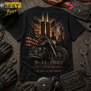 Biker 9/11 25th Anniversary Motorcycle Black T-Shirt featuring Twin Towers, Statue of Liberty, and American flag graphic.