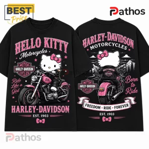 Hello Kitty x Harley-Davidson Born to Ride T-Shirt 1 Hello Kitty x Harley-Davidson Born to Ride T-Shirt showing front and back views with pink motorcycle graphics on black fabric.