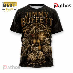 Jimmy Buffett Changes in Latitudes Vintage Tribute T-Shirt featuring gold Marquee lettering, a parrot, and palm trees.