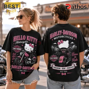 Hello Kitty x Harley-Davidson Born to Ride T-Shirt 4 Hello Kitty x Harley-Davidson Born to Ride T-Shirt on a couple featuring pink and white graphics on a black cotton tee.