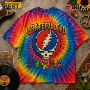Grateful Dead Songs Mason Jar Tie-Dye T-Shirt 1 Grateful Dead Songs Mason Jar Tie-Dye T-Shirt featuring a central Steal Your Face logo and dancing bears on multicolor fabric.