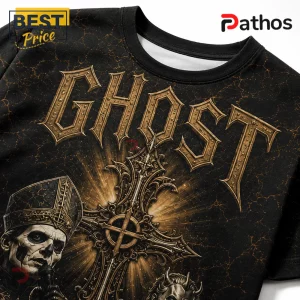 Ghost Dark Clergy 2006-2026 Anniversary T-Shirt with metallic gold typography and a detailed occult figure on black fabric.
