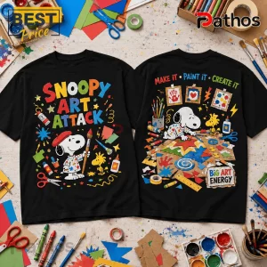 Snoopy Art Attack royal blue t-shirt display showing front and back graphic designs of Snoopy painting with art supplies.