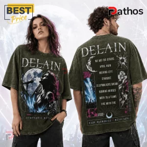 Delain Dark Harmonies Symphonic Metal T-Shirt 3 Delain Dark Harmonies Symphonic Metal T-Shirt featuring band graphics on olive mineral wash fabric with a concert motif.