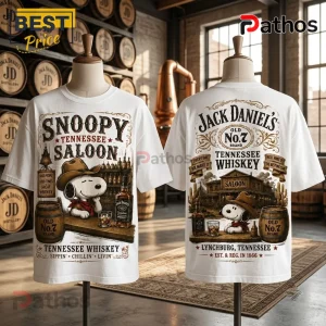 Snoopy Saloon Jack Daniel’s Tennessee Whiskey Shirt on white fabric, featuring Snoopy in a cowboy hat at a saloon bar.