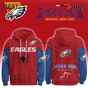 Philadelphia Eagles Spider-Man Brand New Day hoodie featuring red and blue colors, spider web patterns, and team logos.