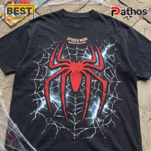 Spider-Man Brand New Day black t-shirt featuring a large red spider emblem over a white web and lightning pattern.
