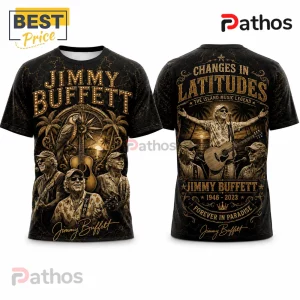Jimmy Buffett Changes in Latitudes Vintage Tribute T-Shirt featuring gold graphics, palm trees, guitar, and concert imagery.