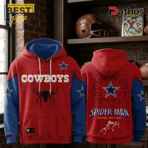 Dallas Cowboys x Spider-Man Brand New Day Hoodie featuring red and blue colors, spiderweb patterns, and team star logos.