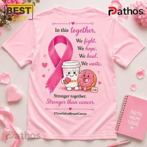 Dunkin Donuts Breast Cancer Awareness Pink T-Shirt 2 Dunkin Donuts Breast Cancer Awareness Pink T-Shirt featuring a pink ribbon, coffee cup, and frosted donut illustration.