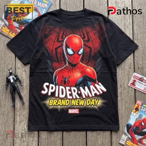 The Amazing Spider-Man Brand New Day Double T-Shirt featuring a red and blue Spider-Man graphic on a black cotton tee.
