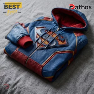 Superman Logo Premium Faux Leather Hoodie 1 Superman Logo Premium Faux Leather Hoodie in blue and red featuring a textured shield emblem on a grey fabric background.