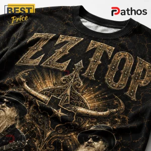 ZZ Top La Grange 1969-2026 Tribute T-Shirt featuring gold metallic text and band member portraits on a black crackled fabric.