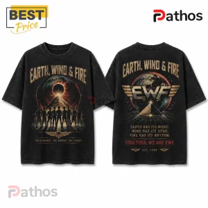 Earth, Wind & Fire Band Music Black T-Shirt with front and back graphic prints of cosmic pyramids and band silhouettes.