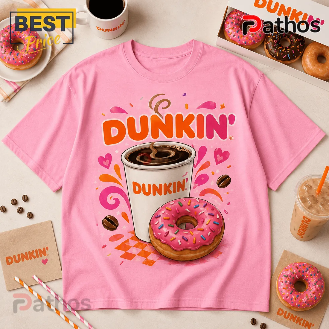 Dunkin Donuts Pink Coffee and Donuts T-Shirt Dunkin Donuts Pink Coffee and Donuts T-Shirt