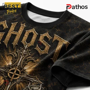 Ghost Dark Clergy 2006-2026 Anniversary T-Shirt with metallic gold cross lettering on a black crackle-texture background.