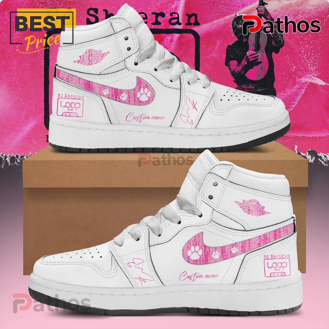 Ed Sheeran Loop Tour Pink White Custom AJ1 High Top Sneakers Ed Sheeran Loop Tour Pink White Custom AJ1 High Top Sneakers