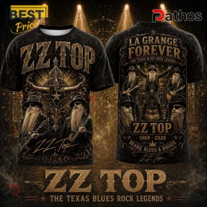 ZZ Top La Grange 1969-2026 Tribute T-Shirt featuring band members with guitars, Texas iconography, and gold text on black.