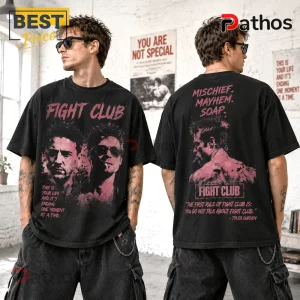 Fight Club Tyler Durden Vintage Black T-Shirt with pink graphic prints of characters and movie quotes on front and back.