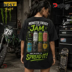 Monster Energy Is My Jam Flavors Black T-Shirt 4 Monster Energy Is My Jam Flavors Black T-Shirt featuring graphics of eight beverage cans on the back of a black crewneck.