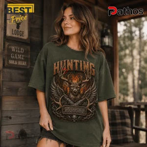 th Anniversary Hunting Deer Memorial T-Shirt 3 th Anniversary Hunting Deer Memorial T-Shirt featuring a deer head, wings, and fire graphics on a dark olive fabric.
