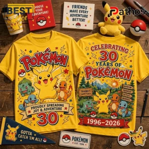 Pokémon 30th Anniversary Pikachu yellow t-shirt featuring front and back graphic prints with various Pokémon characters.
