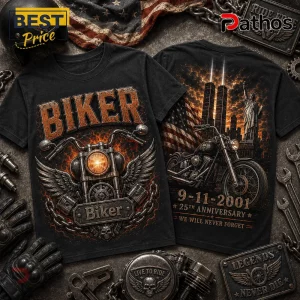 Biker 9/11 25th Anniversary Motorcycle Black T-Shirt featuring graphic prints of twin towers, motorcycle, and US flag.