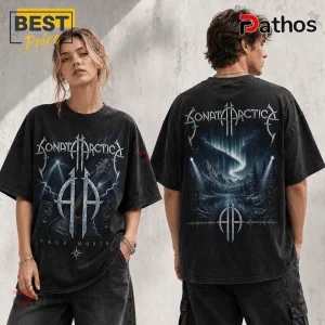 Sonata Arctica True North Heavy Metal T-Shirt 2 Sonata Arctica True North heavy metal t-shirt featuring band logo, lightning, and aurora borealis graphic on black fabric.