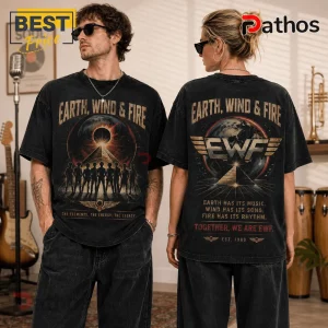 Earth, Wind & Fire Band Music Black T-Shirt with vintage graphic print showing a cosmic eclipse and band member silhouettes.