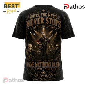 Dave Matthews Band 1991-2026 Memorial T-Shirt 5 Dave Matthews Band 1991-2026 Memorial T-Shirt in black featuring concert graphics, gold text, and band performance imagery.