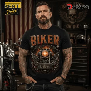 Biker 9/11 25th Anniversary Motorcycle Black T-Shirt featuring a rusted graphic of a headlight, wings, and metal chains.