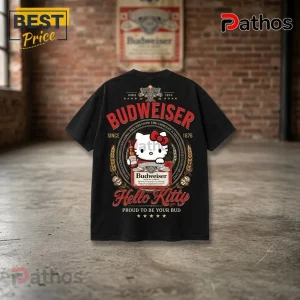 Hello Kitty Budweiser King of Beers Black T-Shirt 3 Hello Kitty Budweiser King of Beers black T-shirt featuring a Hello Kitty graphic, beer bottle, and red text on the back.