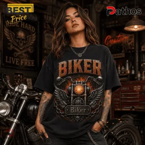 Biker 9/11 25th Anniversary Motorcycle Black T-Shirt featuring a winged motorcycle engine graphic with fiery details.