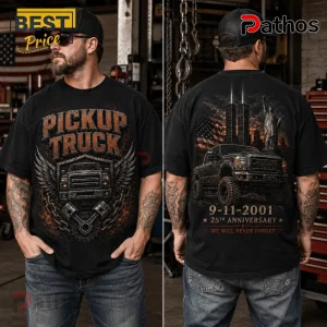 Patriotic 9/11 Memorial Pickup Truck Anniversary T-Shirt 3 Patriotic 9/11 Memorial Pickup Truck Anniversary T-Shirt featuring a truck graphic, Statue of Liberty, and text on black.