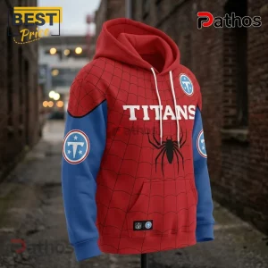 Tennessee Titans Spider-Man Brand New Day Hoodie Pathostheatre Store Tennessee Titans Spider-Man Brand New Day hoodie featuring a red webbed pattern, blue sleeves, and team logos.