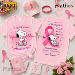 Snoopy Breast Cancer Awareness Pink T-Shirt 2026 set featuring heartbeat graphics, pink ribbons, and inspirational text.