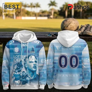 Gold Coast Titans Jai Arrow light blue hoodie showing player graphics, sponsor logos, and number 00 on the back.